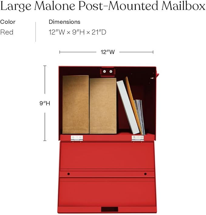 post & porch Malone Mailbox | Post Mounted Mailbox | Black/White/Gray/Brown/Red/Blue/Green, Regular or Large, Weatherproof Mail Box for Outside, Customizable (Red, Large)