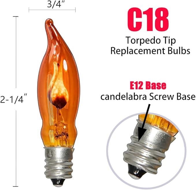 Abeja 12 Pack Flicker Light Bulb, C18 Orange Shaped Bulb, Flickering Lights for Halloween Party Christmas Decor, 1 W 120 V/ E12 Base Flame Candelabra Light Bulbs