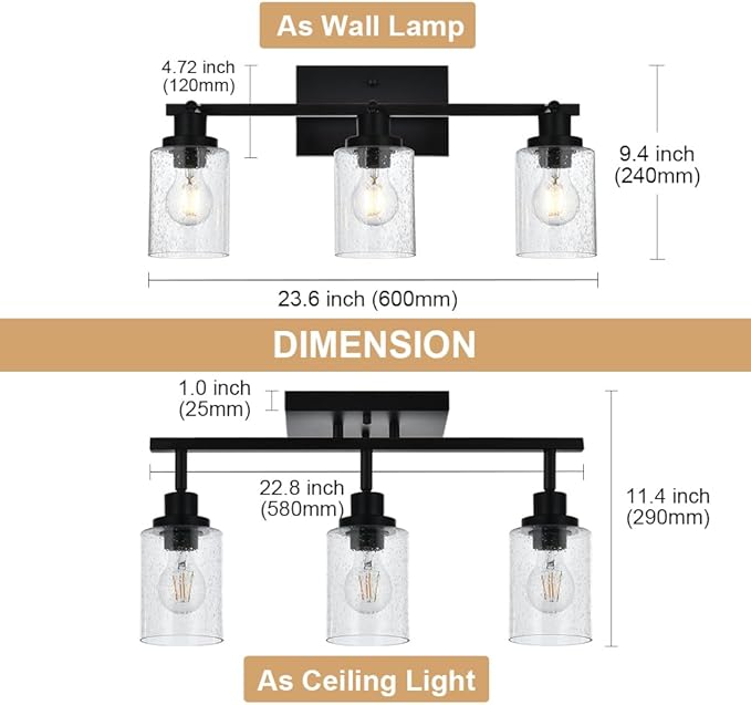 3-Light Track Lighting Fixtures Ceiling Spot Light, Black Flush Mount Wall Bathroom Vanity Light with Seeded Glass Shade for Dining Room Hallway Porch