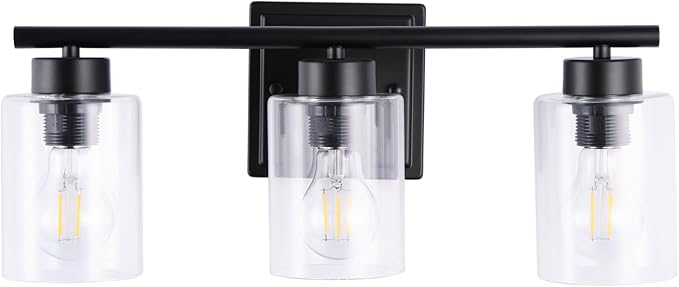 3 Light Bathroom Light Fixtures, 19.2 Inches Bathroom Lighting Fixtures Over Mirror, Black Vanity Light with Clear Glass Shades
