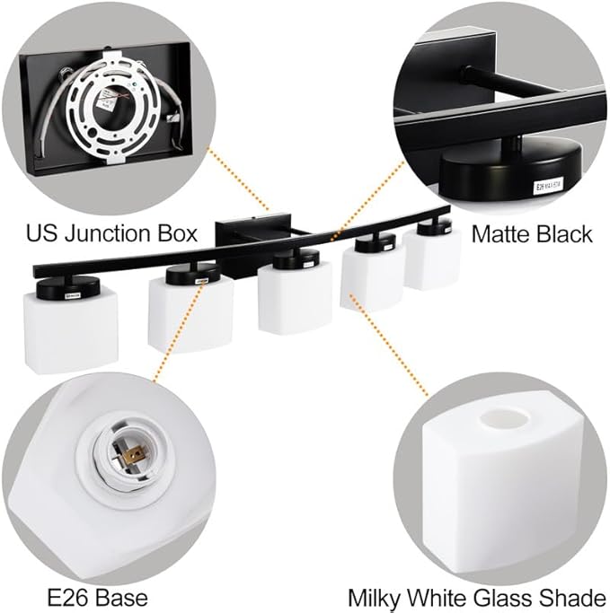 5-Light Matte Black Vanity Light Fixture with White Glass Shade for Bathroom Over Mirror, 40 Inches