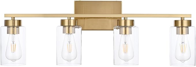 4 Light Bathroom Vanity Light Fixtures, Brushed Brass Modern Wall Lights with Clear Glass Shade, Vintage Wall Sconce Lighting for Living Room, Mirror, Bedroom, Hallway (Gold, 4-Lights)