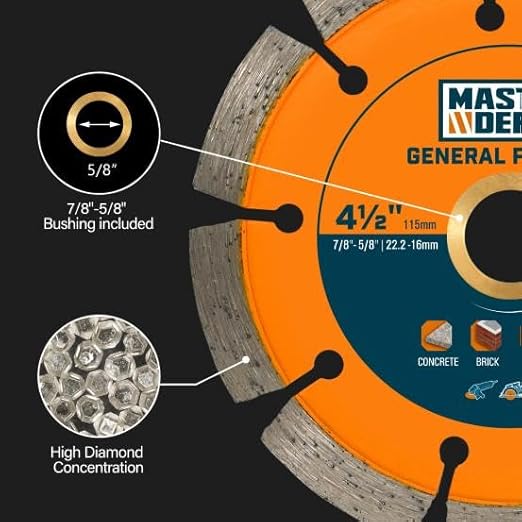 4-1/2" Diamond Saw Blade, Segmented Rim, Dry/Wet Cutting, for Cutting Concrete, Paver, Masonry, Terrazzo, Stone, Granite, Block, 7/8"-5/8” Arbor for Angle Grinder & Handheld Gas Saw (3 Pack)