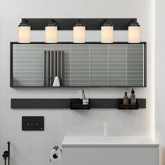 TODOLUZ 5 Light Bathroom Vanity Light Fixtures, 31-Inch Wall Sconce Lighting Over Mirror with Opal White Glass Shade, Modern Wall Mount Lamp for Kitchen