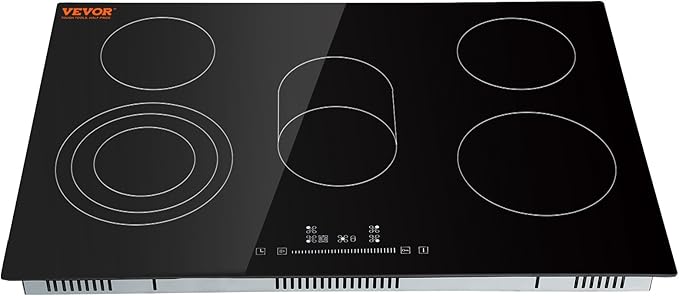 VEVOR Built in Electric Stove Top, 30 inch 5 Burners Ceramic Cooktop, 240V Glass Radiant Cooktop with Sensor Touch Control, Timer & Child Lock Included, 9 Power Levels for Simmer Steam Slow Cook Fry
