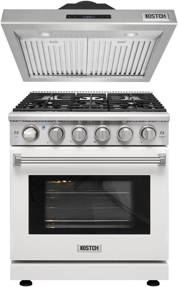 30 inch Pro-Style Natural Gas Range or Liquid Propane Gas Range with 5 Burners, 4.55 cu.ft. Oven & 30 inch Under Cabinet Range Hood in Stainless Steel (White)