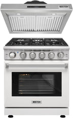 30 inch Pro-Style Natural Gas Range or Liquid Propane Gas Range with 5 Burners, 4.55 cu.ft. Oven & 30 inch Under Cabinet Range Hood in Stainless Steel (White)