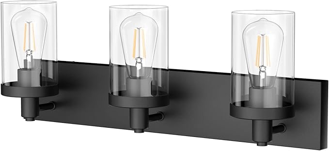 Aipsun Black Vanity Light for Bathroom 3 Light Farmhouse Bathroom Lights Fixtures Over Mirror with Clear Glass Shade(Exclude Bulb)