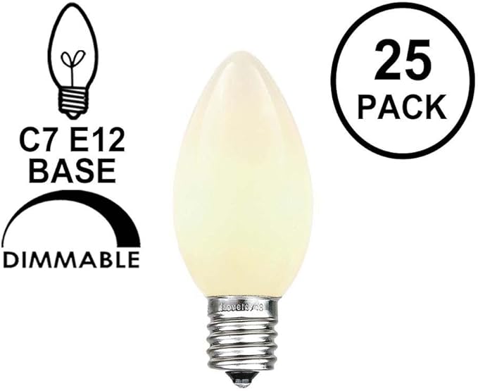 Novelty Lights Ceramic Christmas Replacement Bulbs - Outdoor Individual Bulbs for Events, Holiday Parties, Patios, and More - C7/E12 Candelabra Base, 5 Watt Lights (White, 25 Pack)