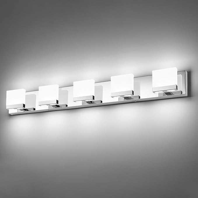 SineRise LED Modern Bathroom Vanity Light Fixtures (5-Light, 40-Inch, 6000K), Chrome Modern Acrylic Bathroom Wall Lighting Fixtures Over Mirror