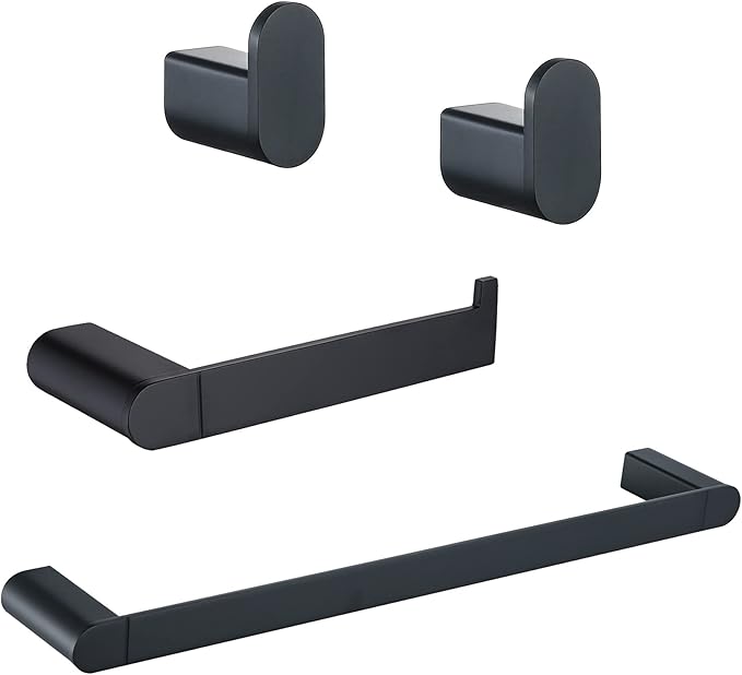 RANDOM 4 Piece Bathroom Hardware Set Matte Black Towel Bar Set Include 18 Inch Towel Bar Toilet Paper Holder and 2 Towel Hooks Stainless Steel Bathroom Decor Wall Mount Bathroom Accessories Kit.