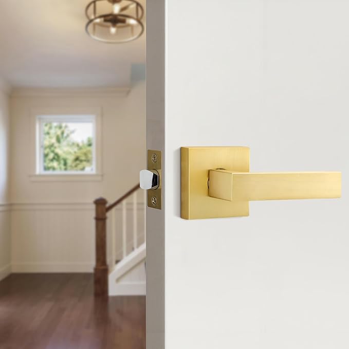 EHOMEWARE 2 Pack Closet Door Handles Interior Non-Locking Lever Set for Hallway Door or Closet with Satin Brass Finish, Reversible for Right or Left Side