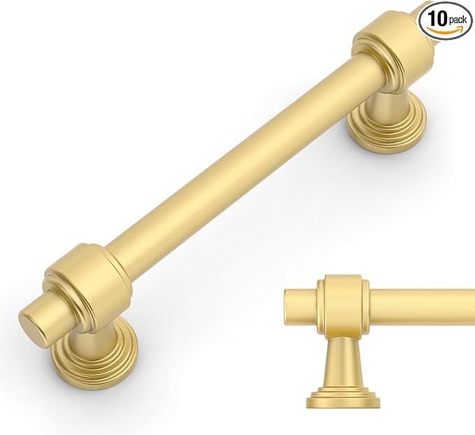 Amerdeco 10 Pack Brushed Gold Cabinet Pulls 3.75 Inch(96mm) Hole Center Drawer Pulls Cabinet Hardware Kitchen Cabinet Handles for Bathroom Dresser Pulls ZH0069