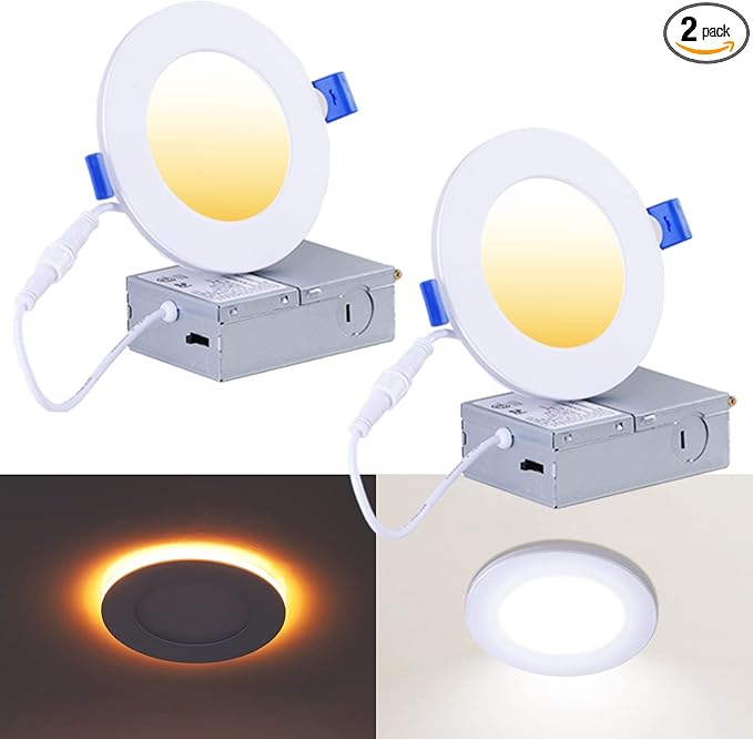 CycevSun 4 Inch LED Recessed Lights with Night Light - Canless Ultra Thin Wafer Downlight Pot Outdoor Exterior Soffit Lighting, Dimmable & 5 CCTSelectable, 9W, ETL & Energy Star, 2 Pack