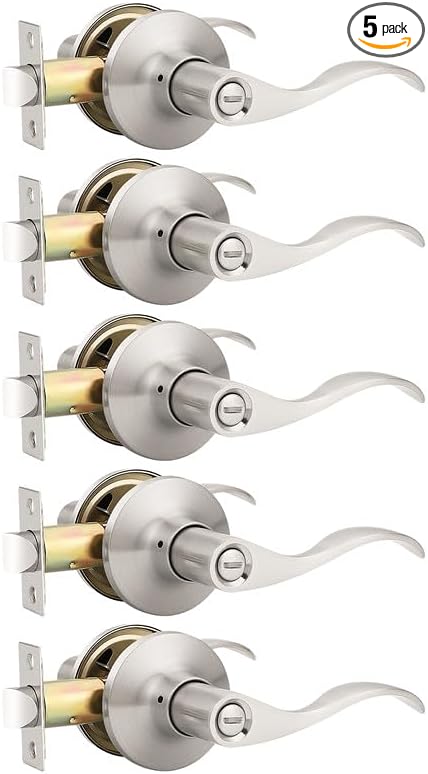 Mengico 5 Pack Satin Nickel Privacy Door Lever, Modern Interior Door Knobs Locks for Bedroom and Bathroom, Heavy Duty Door Handle, Reversible Wave Lever Handle