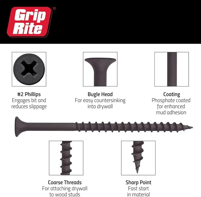 Grip-Rite 114CDWS5#6 X 1-1/4" Phillips Bugle Head Coarse Thread Sharp Point Drywall Screw, 5lb Box