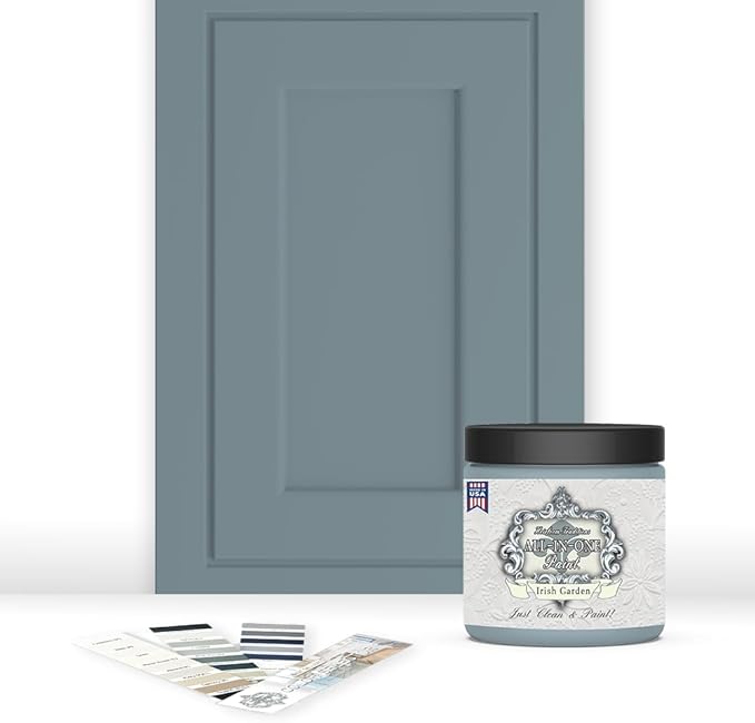 ALL-IN-ONE Paint, Durable cabinet and furniture paint. Built in primer and top coat, no sanding needed. Includes our 30 featured color card - Irish Garden (blue green), 8oz Sample