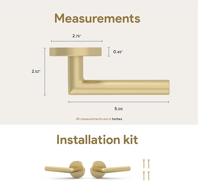 Mega Handles Ronn Dummy Lever Door Handle Set for Closet or French Doors, Single Side, Non-Turning Reversible Door Levers, Fits All Standard Door Sizes, Screws Included - Satin Brass (2 Pack)