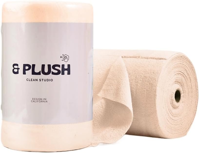 & PLUSH Microfiber Cleaning Cloth Roll - 50 Pack, Tear Away Microfiber Towels, 12" x 12", Reusable, Washable, Streak Free, Ultra Absorbent Dish Rags for Car, Home, Garage or Shop (Beige)