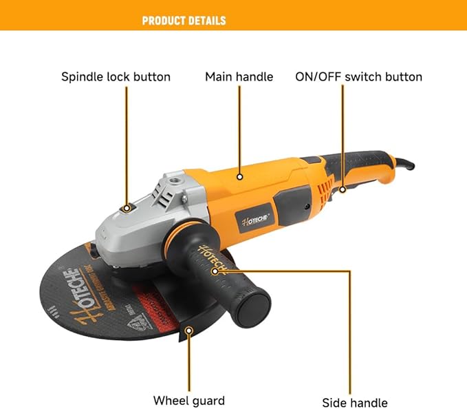 Hoteche 9-Inch Angle Grinder 3.3-HP Heavy-Duty Electric Grinder Fits 7/8" Hole Size Wheels for Metal Cutting, Concrete Grinding, and Polishing