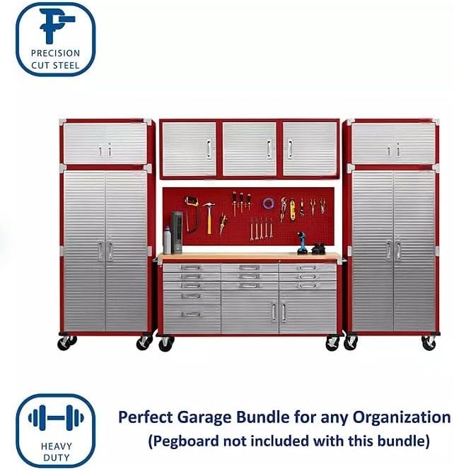 Heavy Duty 8-Piece Steel Garage Cabinet Storage Set with Rolling Workbench, 12 Feet Wide (Red)