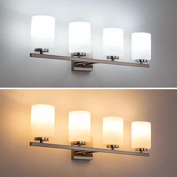 mirrea 28in 4-Light Modern Bathroom Vanity Light with Etched White Glass Shades Brushed Nickel Finished Light Fixture