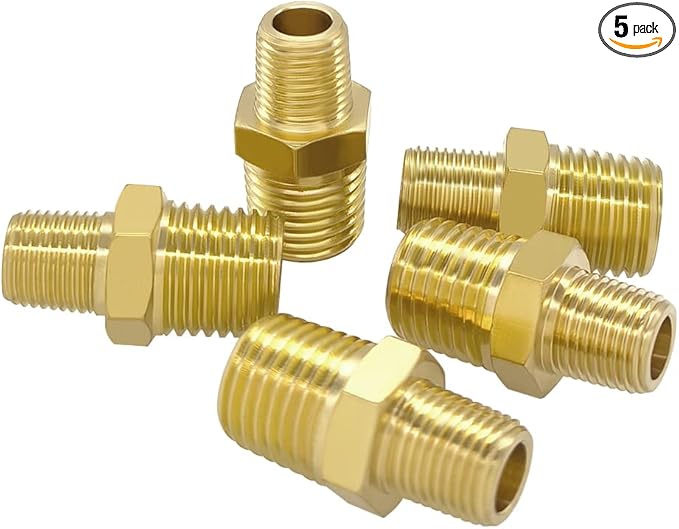 Hooshing 5PCS 1/4" to 1/8" NPT Male Brass Hex Nipple Reducing Pipe Fitting Adapter