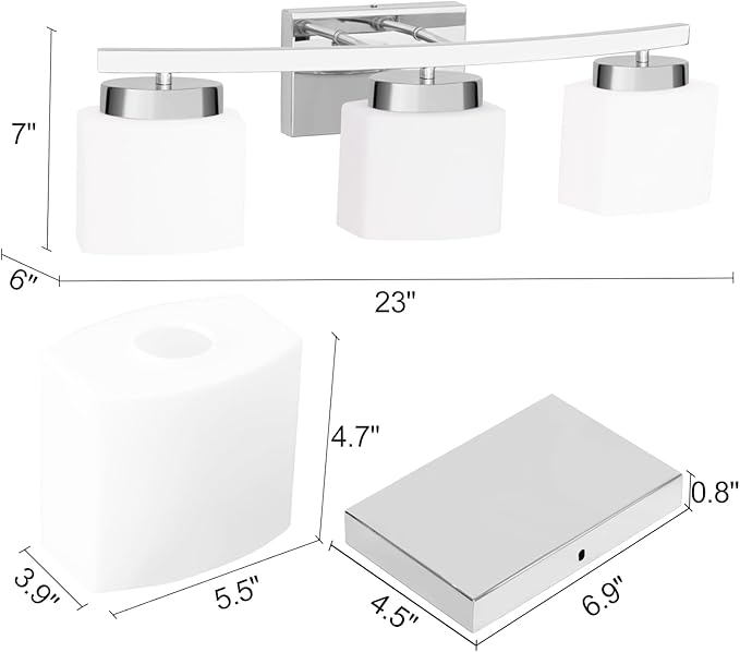 3-Light Bathroom Light Fixture Over Mirror, Modern Chrome Vanity Fixture with Milky Glass Shade, 23 inches Bath Light for Bath Vanity Lighting