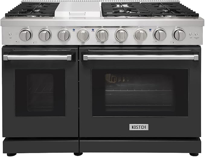48 inch Pro-Style Natural Gas Range or Liquid Propane Gas Range with 6 Burners & 1 Griddle Cooktop, Double 4.6 cu. ft. and 2.2 cu. ft. Oven, in Stainless Steel - KOS-48RG03M (Black)