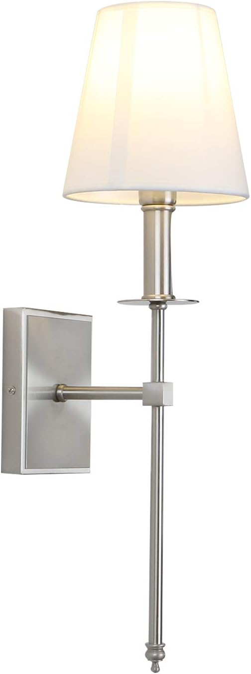 PERMO Single Classic Rustic Industrial Wall Sconce Hardwired Lighting Fixture with Flared White Textile Lamp Shade and Brushed Nickel Tapered Column Stand,Hardwired E26 Base