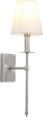 PERMO Single Classic Rustic Industrial Wall Sconce Hardwired Lighting Fixture with Flared White Textile Lamp Shade and Brushed Nickel Tapered Column Stand,Hardwired E26 Base