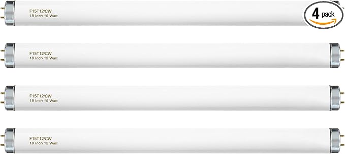 T12 15 Watt Fluorescent Bulb, 18 Inches F15T12/CW Straight Fluorescent Tube, Medium Bi-Pin Base, Cool White 4000K 800 Lumens 4 Pack