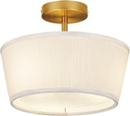 Gold Semi Flush Mount Ceiling Light Fixture,3-Light Ceiling Mount Drum Light Fixture with White Fabric Shade,12.6inch Modern Close to Ceiling Lamps for Living Room, Bedroom, Dining Room,Hallway