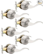 Mengico 6 Pack Satin Nickel Modern Interior Passage Door Knobs, Keyless Door Handle for Hallway & Closet, Wave Style Non-Locking Door Lever Reversible for Left & Right Handed