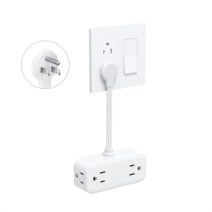 TROND Outlet Extender with 6 Inch Cord, Flat Plug Adapter for Inverted Sockets, 4 Electrical Sockets, 4 USB Ports, Multi Plug Wall Outlet for Home Travel, Cruise Ship Essentials, White