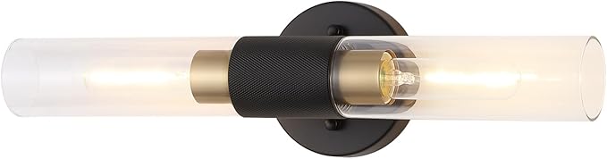 Modern Knurled Texture Wall Sconce Clear Glass Shade Modern Gold Black Bathroom Vanity Light Fixtures 2-Lights Mid Century Wall Light for Mirror Living Room Hallway E26 T10 Bulbs(Excluded)