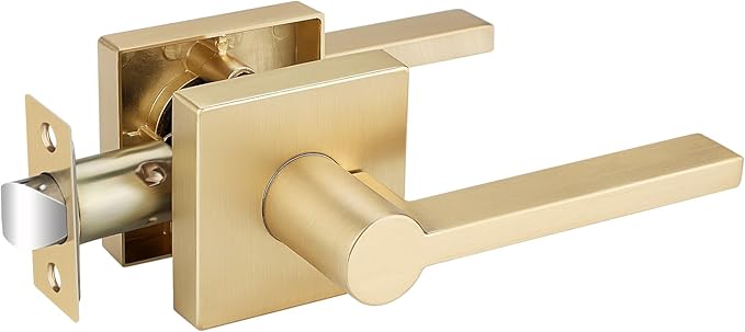 EHOMEWARE 1 Pack Passage Door Handles, Satin Brass Door Knobs Interior, Hallway Closet Door Levers Keyless Gold Door Handle, Heavy Duty Suqare Door Handle Set for Left or Right Handed Doors