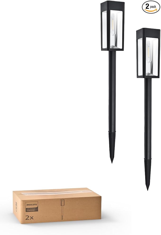 Philips 2 Packs Solar Pathway Lights Outdoor, Glass Metal Led Garden Landscape Lightings, 3000K Warm White, Waterproof for Decor Yard, Walkway, Patio, Driveway, Lawn