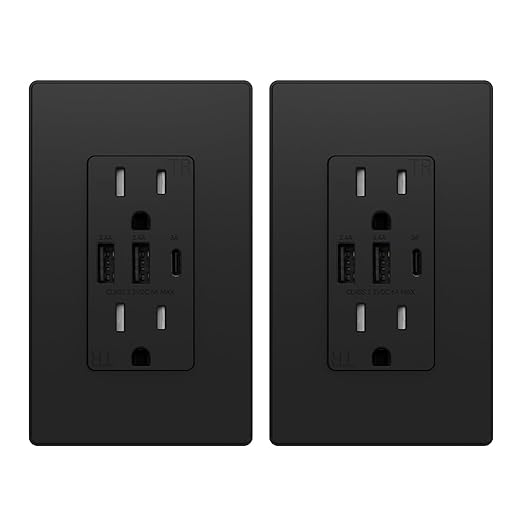 ELEGRP USB Outlets Receptacles, 3-Port Wall Outlet, 30W 6.0A Electrical Outlet, 15 Amp Tamper-Resistant Outlet with Type C Ports, UL Listed, Wall Plate Included, 2 Pack, Matte Black