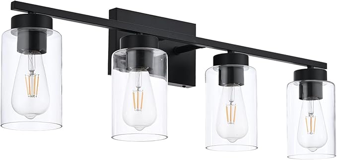 4 Light Bathroom Vanity Light Fixtures, Matte Black Modern Wall Lights with Clear Glass Shade, Vintage Wall Sconce Lighting for Living Room, Mirror, Bedroom, Hallway (Black, 4-Lights)