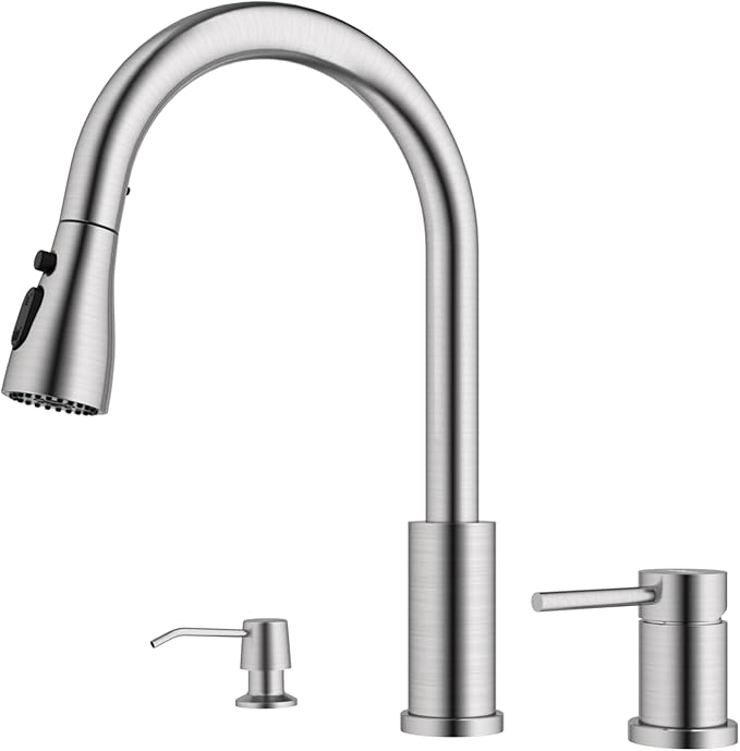APPASO 3 Hole Kitchen Faucet, Brushed Nickel Kitchen Faucets with Soap Dispenser and Pull Down Sprayer 3 Modes, S304 Stainless Steel High Arch 3 Piece Sink Faucet with Separate Handle