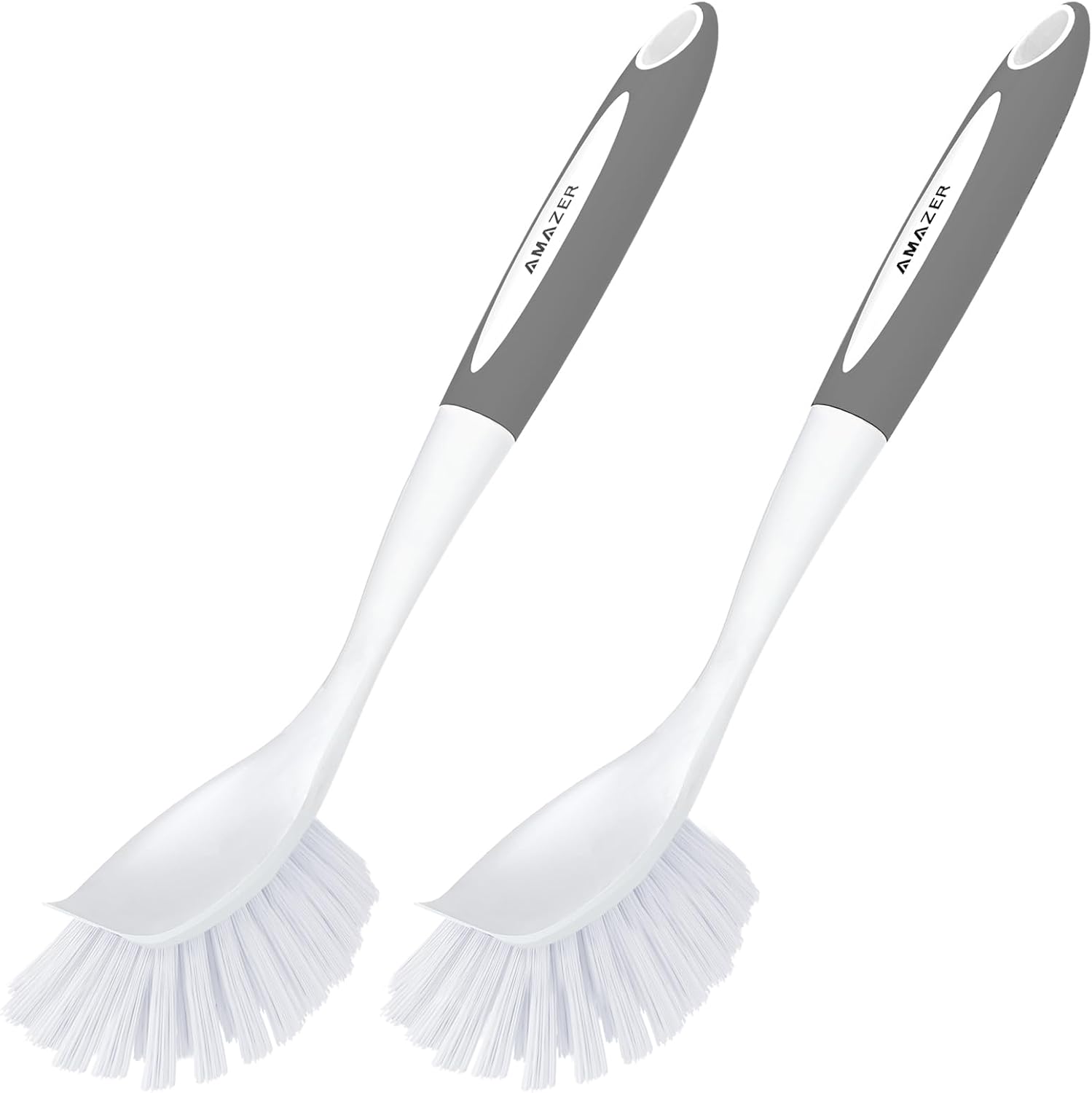 Amazer Dish Brush with Handle, 2 Pack Kitchen Scrub Brushes for Cleaning, Dish Scrubber with Stiff Bristles for Sink, Pots, Pans (Grey+Grey)
