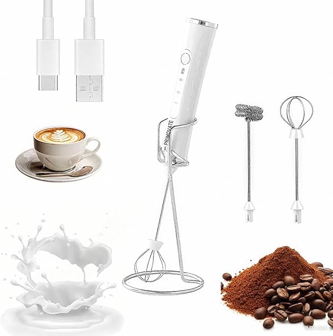 Rechargable Milk Frother, Handheld Drink Mixer with Whisk Attachment, 2025 upgraded, powerfull 3 speed motor, Type C charging with charge light, with extra egg mix head (White with Stand)