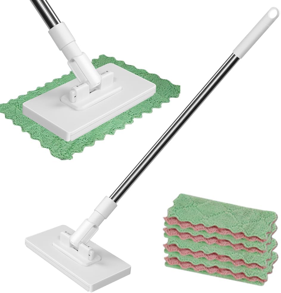 Disposable Dust Mop with 4 Reusable Cloths, Flat Mop with Disposable Pads, 39" Long Handle Wet and Dry Mopping Sweeper Stick with Locking Head & Sweeping Cloths for Multi Surface Floor Cleaning