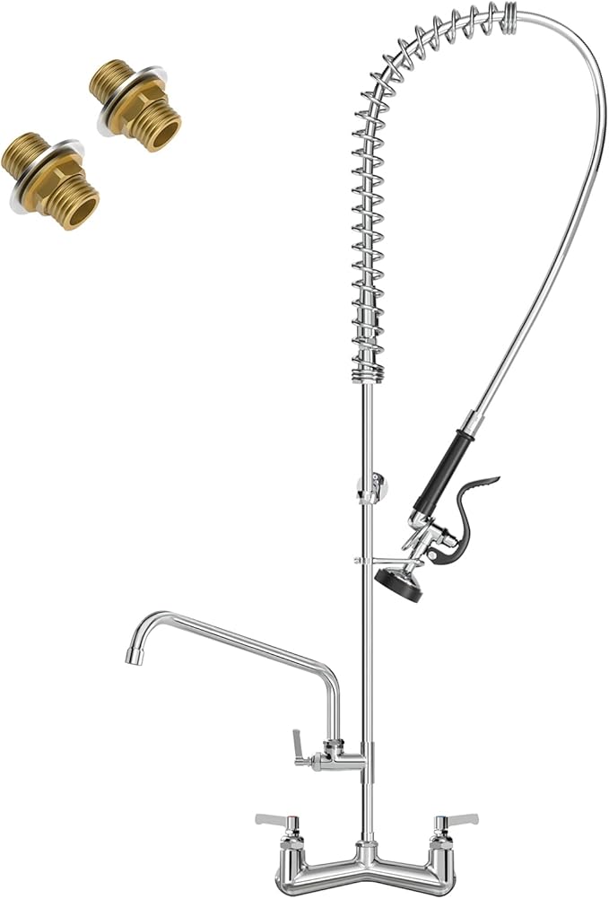 Commercial Kitchen Faucet 47" Height Wall Mount with Pull Down Sprayer 8" Center Wall Mount Kitchen Sink Faucet with 14" Add-on Swing Spout Pre Rinse Faucet for Commercial Kitchen Sink
