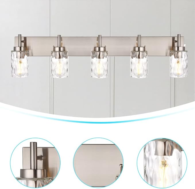 BONLICHT Transitional Vanity Lighting Fixtures Brushed Nickel with Clear Hammered Glass Shade,Farmhouse 5 Light Bathroom Lights Wall Sconces Contemporary Indoor Wall Mount Lights for Kitchen Sink