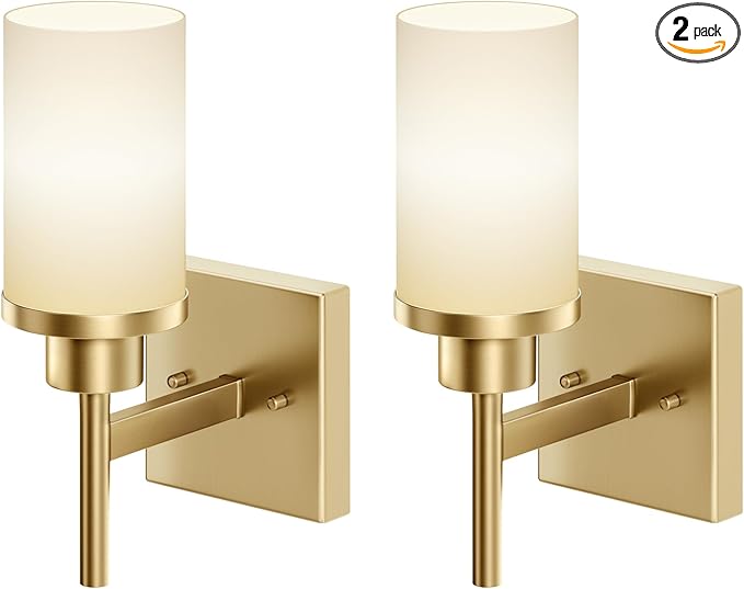 Vanity Lighting Fixtures with White Frosted Glass Shade, Modern Gold Wall Lamps for Bathroom Mirror Bedroom Living Room Porch, 2 Pack T001GD-L1-P2