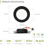 ASD Flat Trim Retrofit LED Recessed Lighting 6 Inch | Ultra Thin Black 12W 971LM Wet Rated Dimmable Downlights | 2700K-5000K Adjustable LED Recessed Light Fixtures | Disk Can Lights, ETL 24 Pack