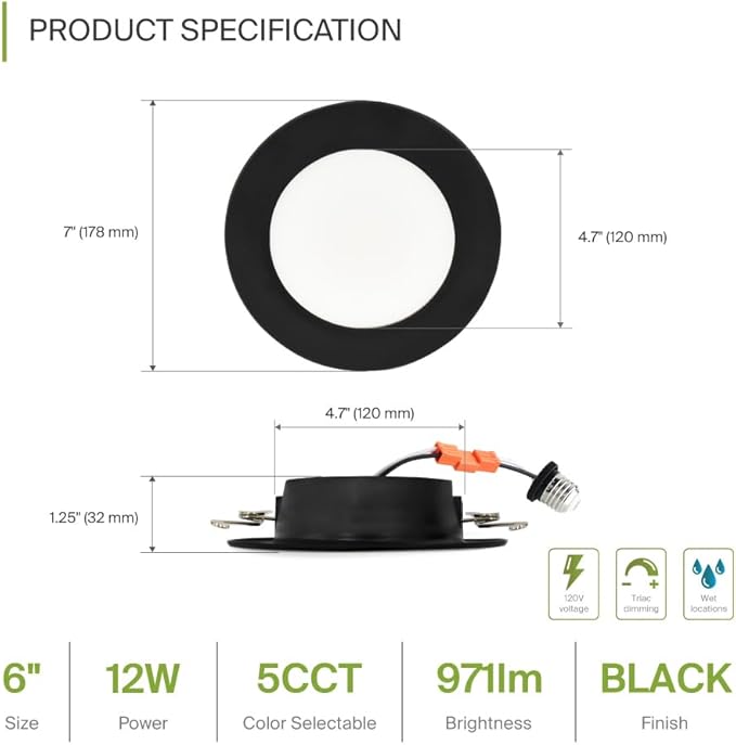ASD Flat Trim Retrofit LED Recessed Lighting 6 Inch | Ultra Thin Black 12W 971LM Wet Rated Dimmable Downlights | 2700K-5000K Adjustable LED Recessed Light Fixtures | Disk Can Lights, ETL 24 Pack