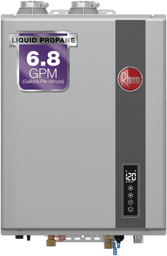 Rheem Liquid Propane Condensing Tankless Water Heater Indoor Up To 6.8 GPM, 120,000 BTUs Continuous Super High Efficient Hot Water